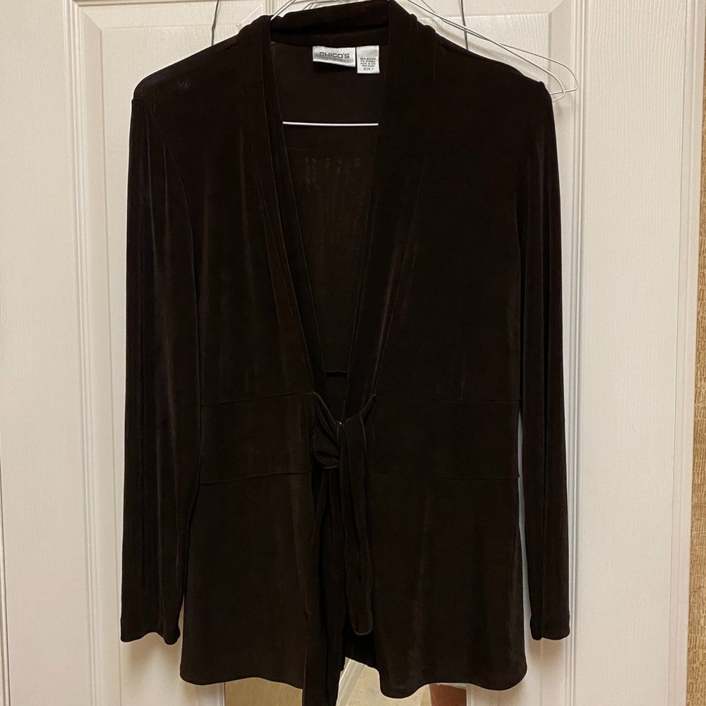 CHICOS Travelers Slinky Brown Tie Front Jacket Top Chicos Sz 1 US Size 8-10